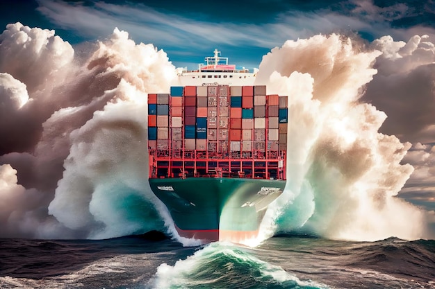 Container ship cuts through giant waves Generative AI Generative AI