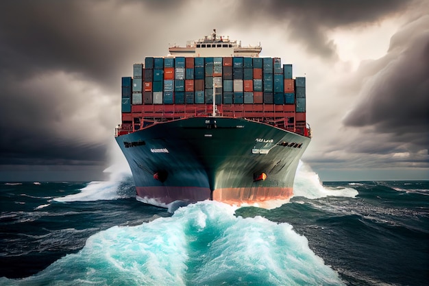 Container ship cuts through giant waves Generative AI Generative AI