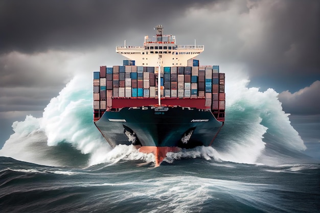 Photo container ship cuts through giant waves generative ai generative ai
