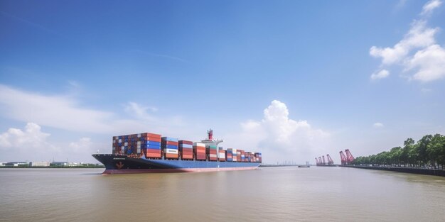 A container ship is being loaded on the water.