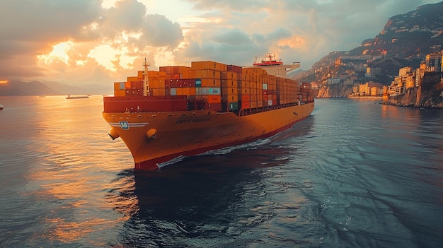 A container ship is being unloaded in the harbor in sunny weather