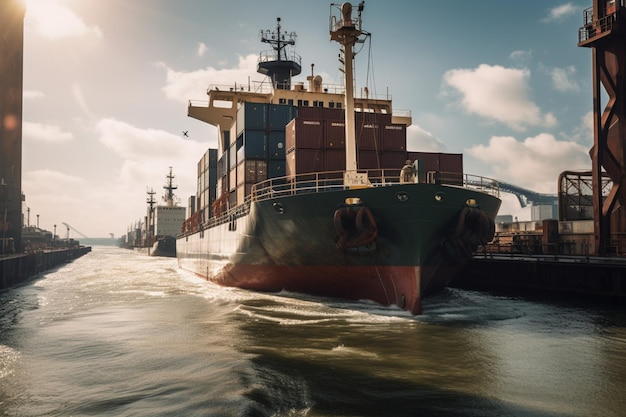 A container ship is docked in a harbor.