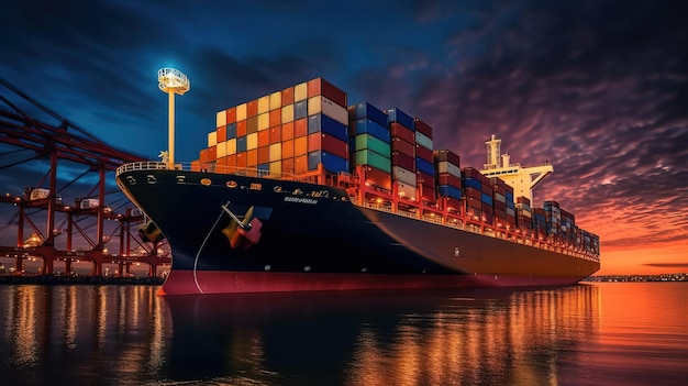 A container ship is docked at night with the words shipping on the side.