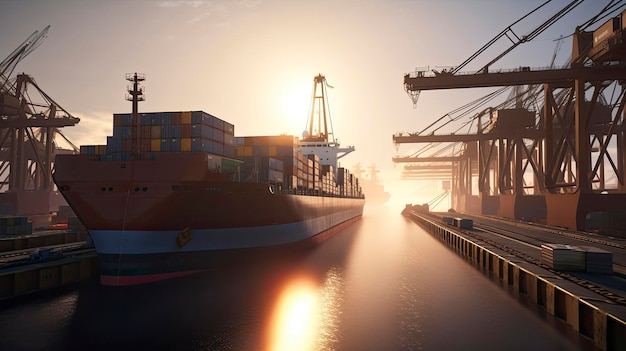 A container ship is docked at a port.