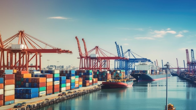 A container ship is docked at a port.