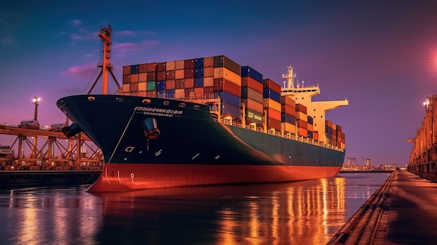 A container ship is docked at a port.