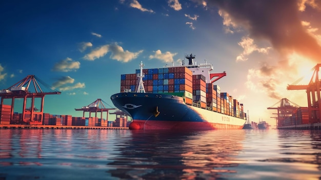 A container ship is docked at a port.