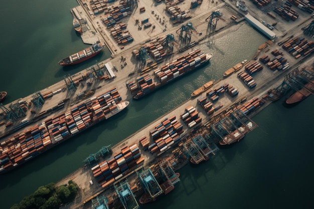 A container ship is docked at a port.