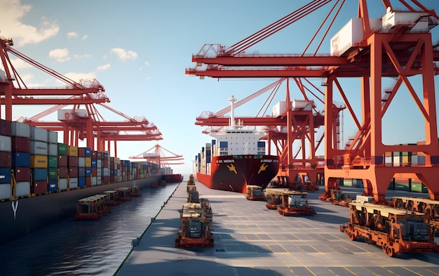 A container ship is docked at a port.