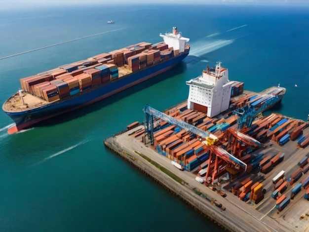 a container ship is docked in the water with a ship in the background