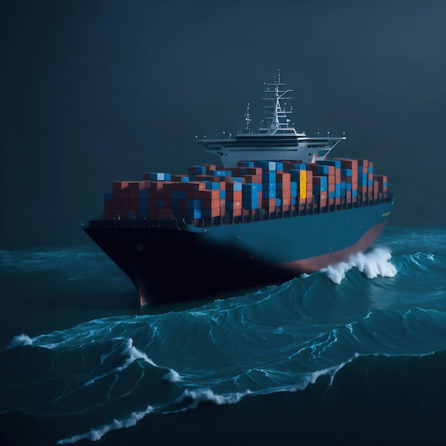 A container ship is in the ocean with a dark background.