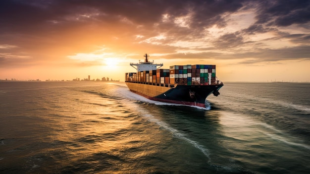 A container ship is sailing in front of a sunset.