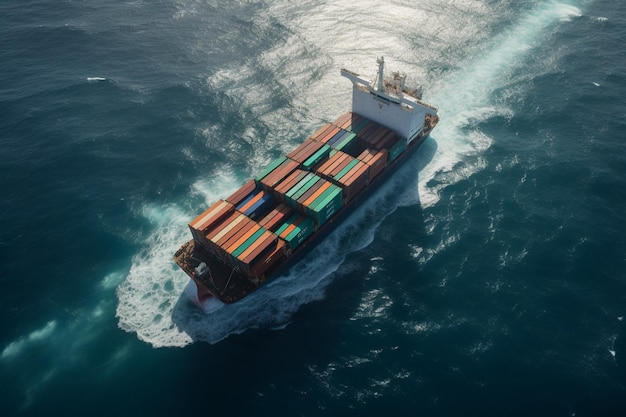 A container ship is sailing in the ocean.