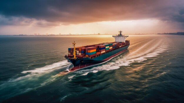 A container ship is sailing in the sea.