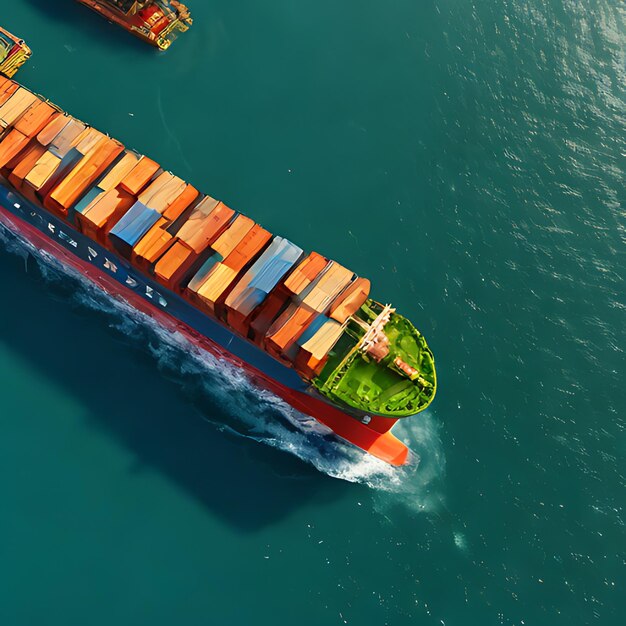 a container ship is traveling through the water with a tug boat in the water