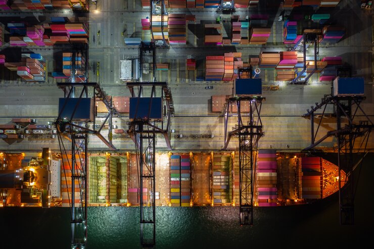 Photo container ship loading and u in deep sea port, aerial view of business service and industry cargo logistic import and export freight transportation by container ship in open sea,