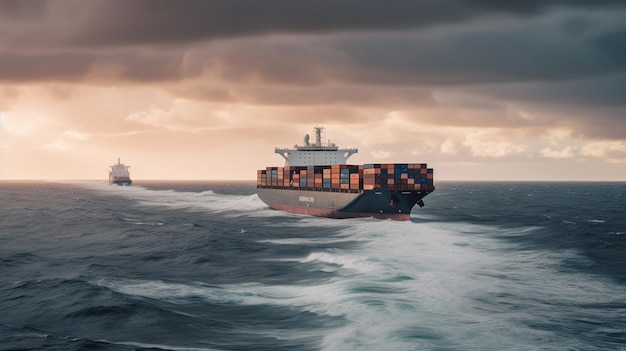 A container ship in the ocean with a cloudy sky in the background