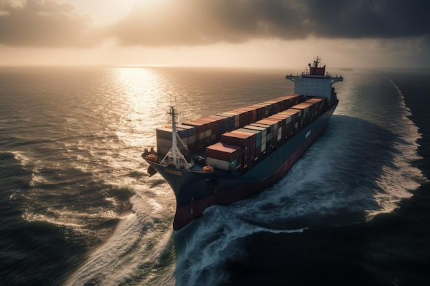 A container ship in the ocean with a cloudy sky in the background.