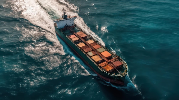 A container ship in the ocean with the word shipping on the side.