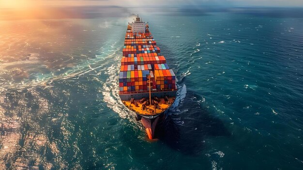 Container Ship in Open Sea Aerial View for Shipping Logistics Concept Shipping Logistics Aerial View Container Ship Open Sea Transportation