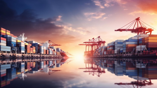 Container ship in the port with a sunset in the background