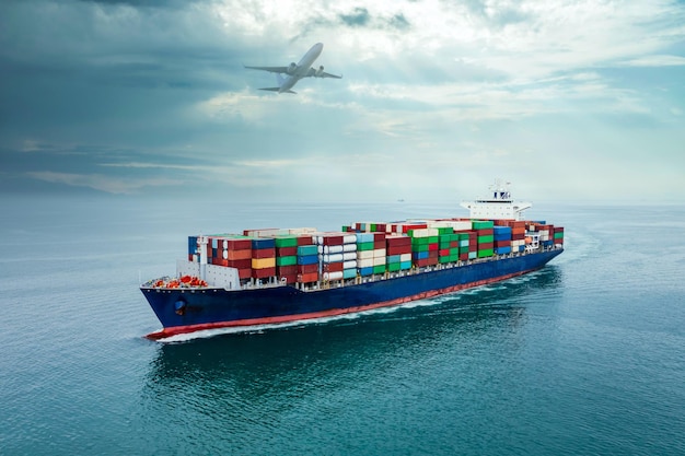 Container ship sailing full speed to transport goods in containers for import export internationally