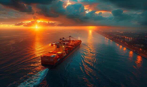 Container ship sailing in the ocean at sunset