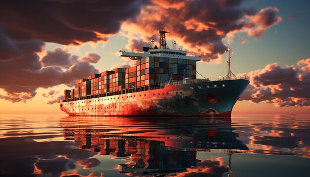 Container ship sailing at sunset delivering cargo to commercial dock generated by AI