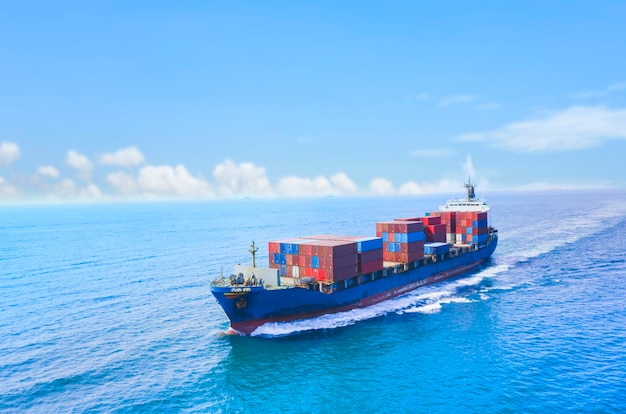 Photo container ship on the sea to import export transport