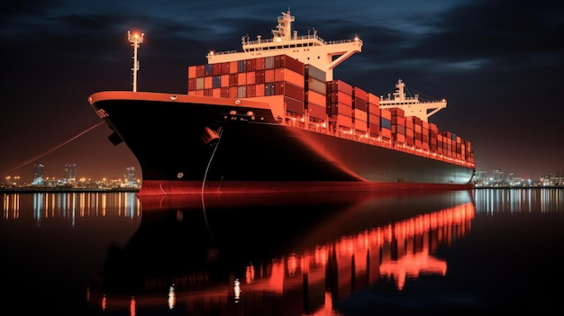 container ship on the sea in the night to import export transport