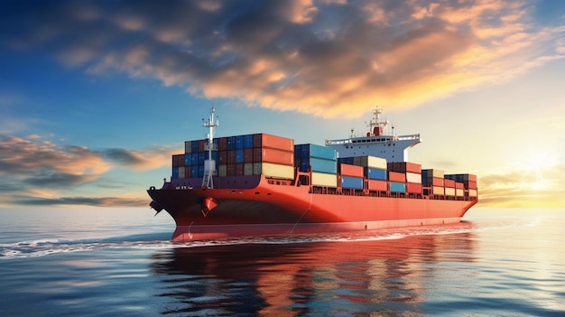 container ship and ship on harbor logistics and freight export