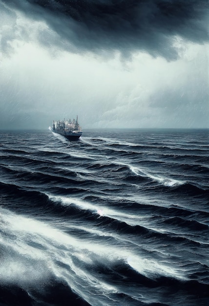 Container ship in stormy ocean in gloomy weather aerial view\
digital illustration