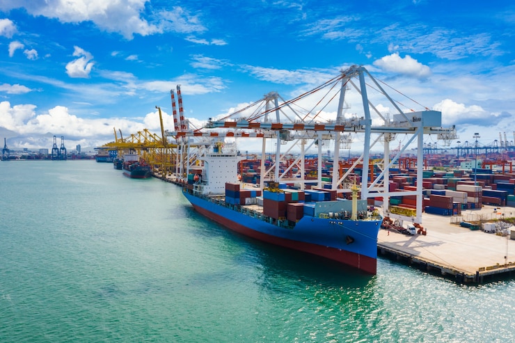 Photo container ship and terminal loading and unloading by crane