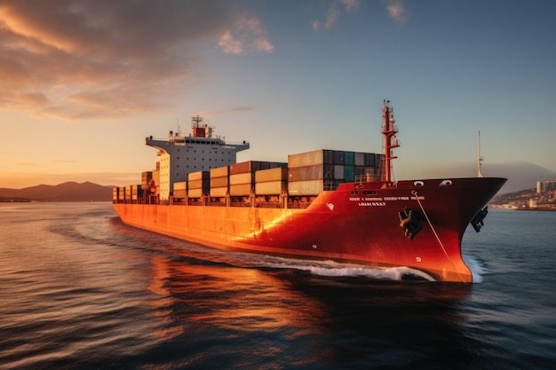 Container ship transportation on ocean sunset time