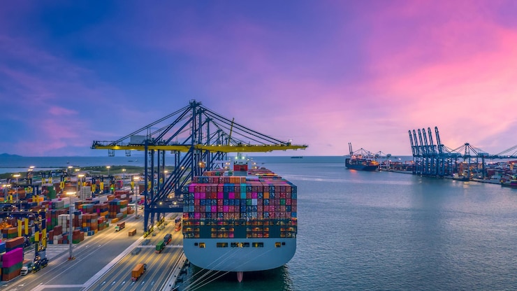 Photo container ship unloading in deep sea port global business logistic import export freight shipping