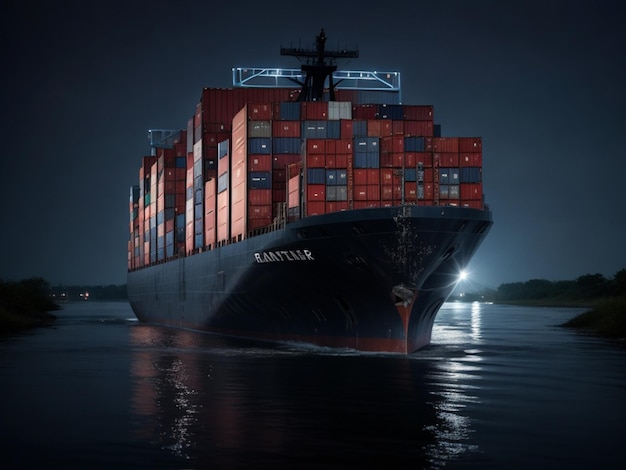 container in ship was crush on river dark sky rain with thunderclouds and lightning generated ai