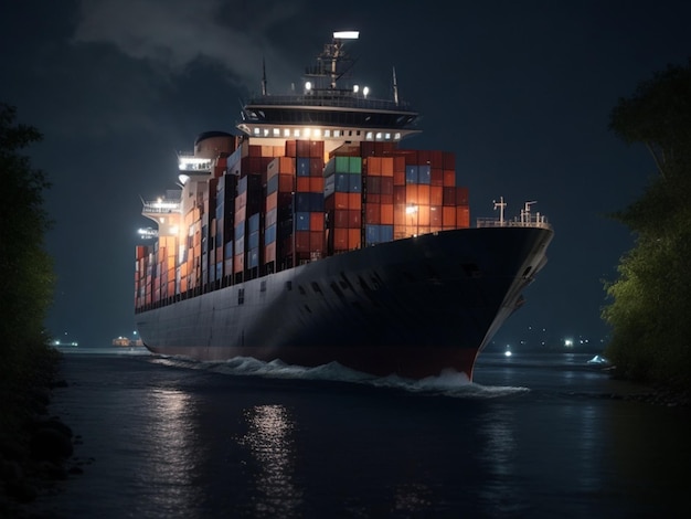 Photo container in ship was crush on river dark sky rain with thunderclouds and lightning generated ai