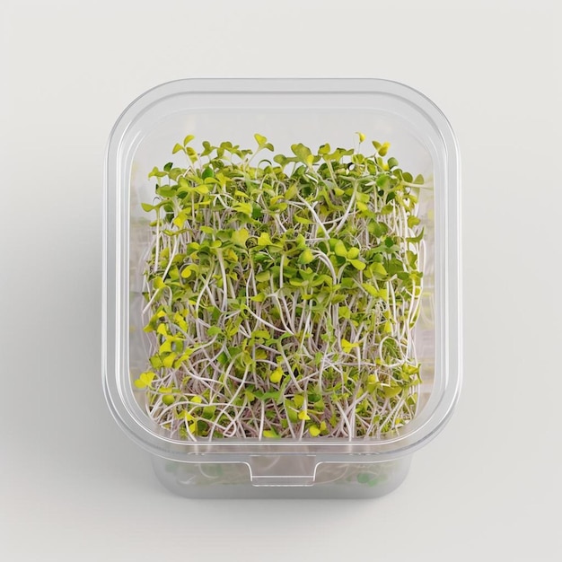 a container of sprouts on a white surface