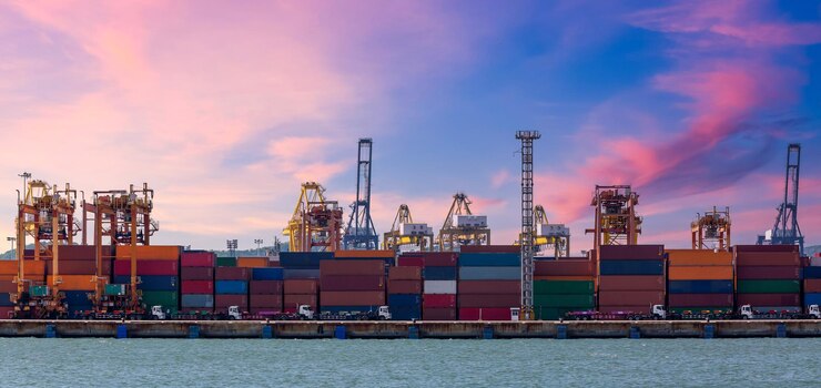 Photo container terminal port global business container cargo freight ship with working crane loading