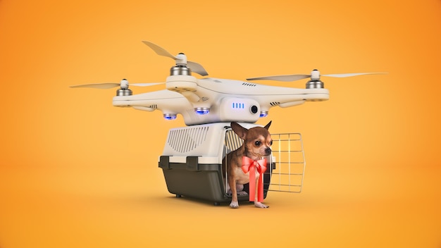 드론 3d 렌더링에 작은 개와 함께 동물을 운송하기 위한 컨테이너