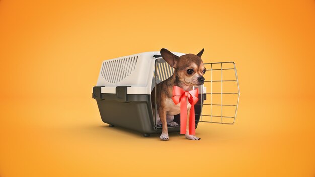 the container for transportation of animals with a small doggie 3d rendering