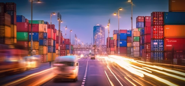 A container truck drives down a busy road with a blurry background.