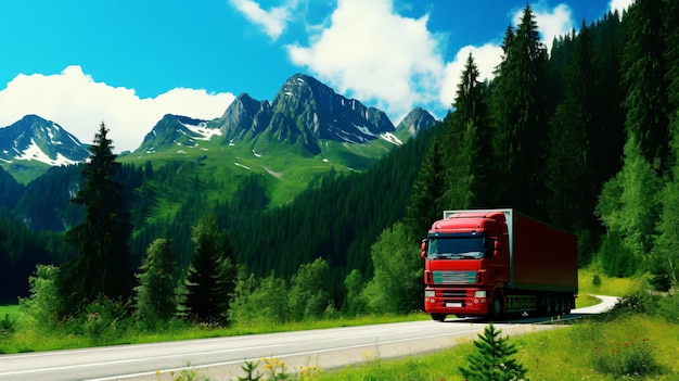 A container truck drives through a green mountain Freight import export concept