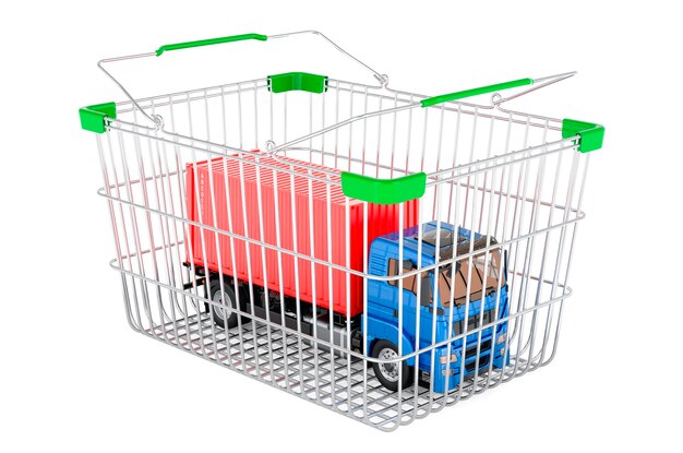 Container truck inside shopping basket 3D rendering