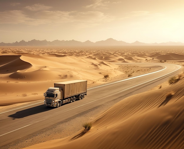 container truck on Middle east highway UAE export industry dune desert