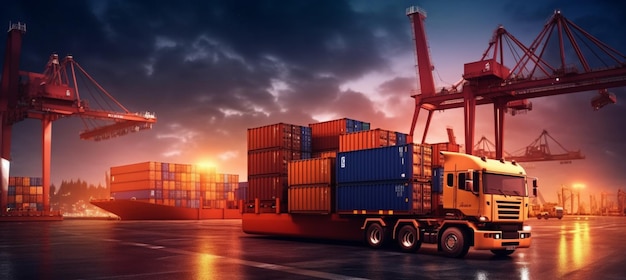 Container truck in ship port for business Logistics and transportation of Container Cargo ship