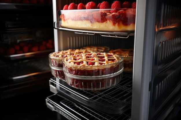 Container with berry pie in the refrigerator Frozen semifinished baked goods with juicy berries and cream for longterm storage