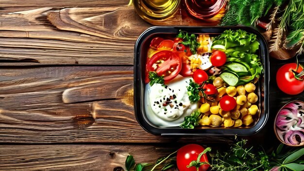 Foto contenitore con deliziosi cibi freschi e sani su uno sfondo di legno scuro per pasti dietetici o frazionati