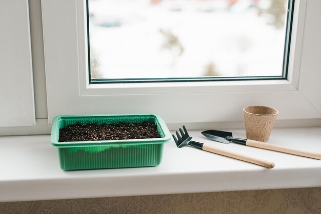 Photo container with peat and planted seeds with a garden tool at home on the windowsill