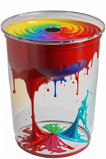 a container with a rainbow paint pouring out of it and a rainbow ring in the middle of the container